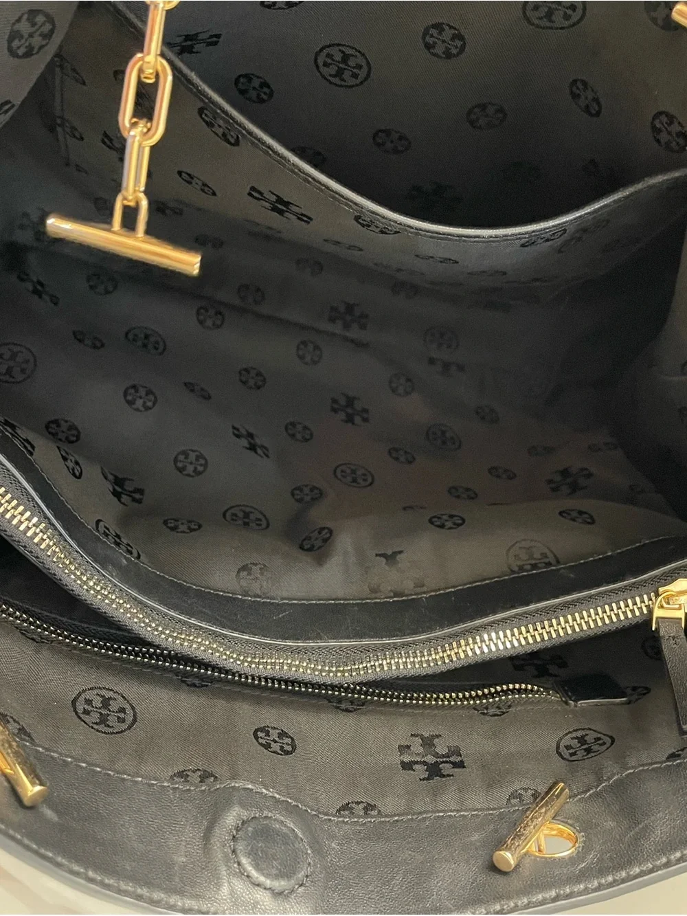 Tory Burch Black Leather Chain Tote Shoulder Bag Large Gold Logo Authentic
